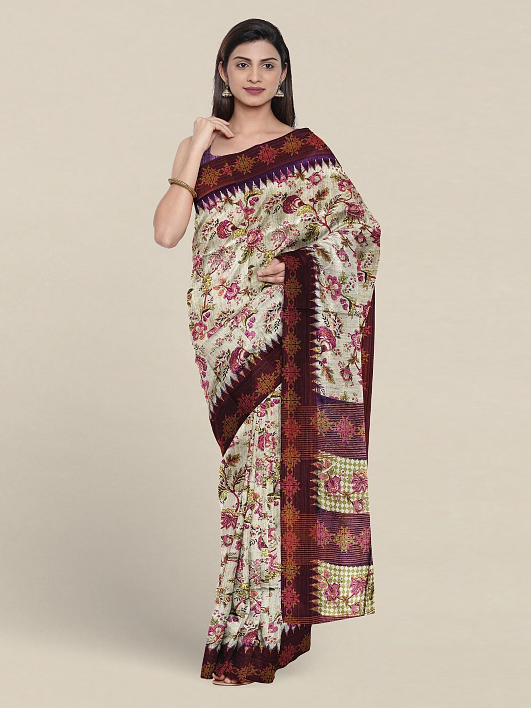 

Pothys Ethnic Motifs Printed Jute Silk Saree, Cream