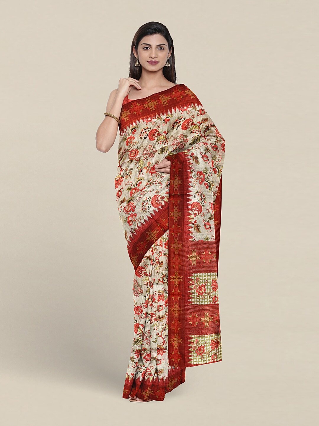 

Pothys Floral Printed Jute Silk Saree With Blouse Piece, Off white