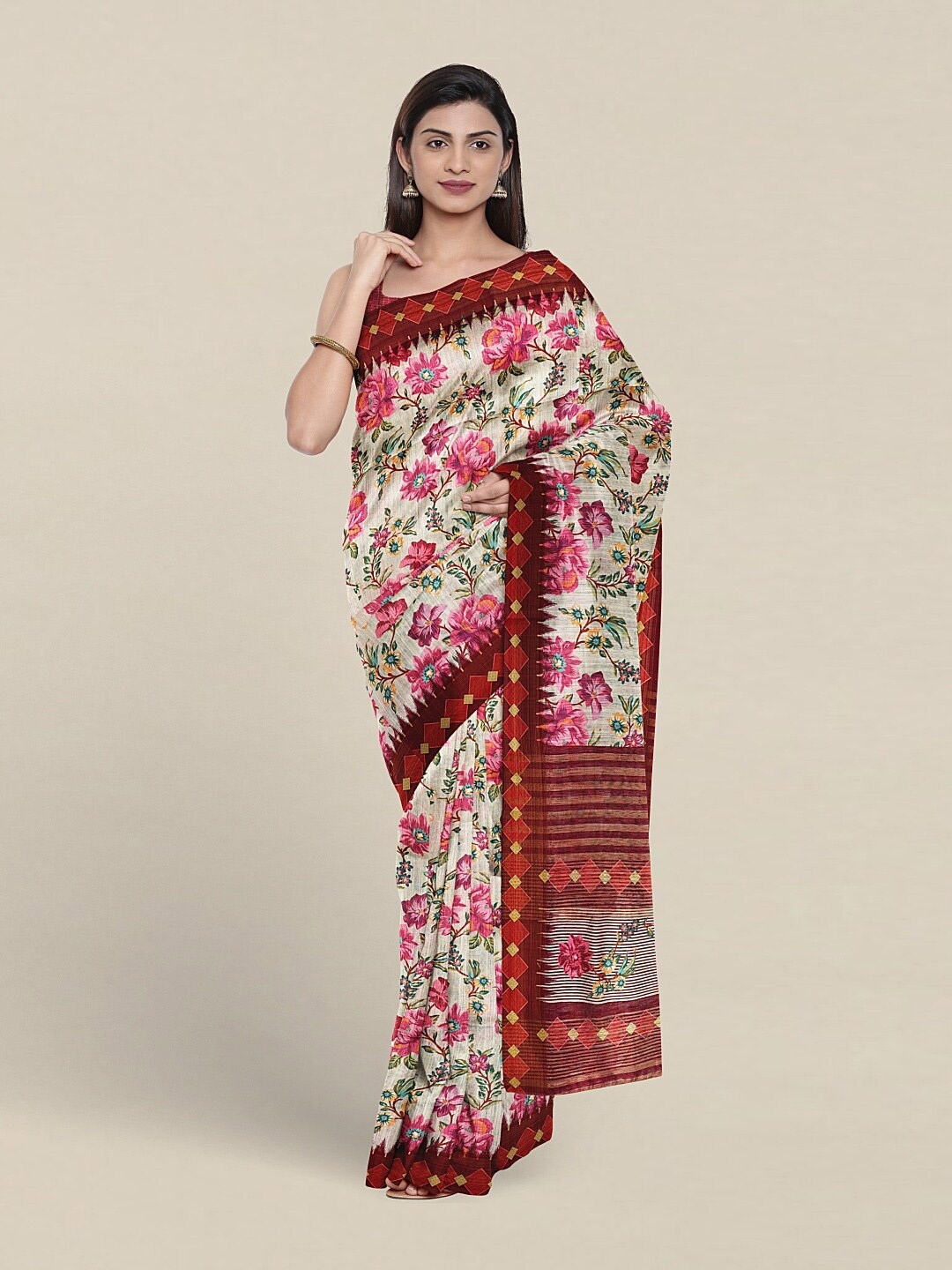 

Pothys Floral Printed Zari Jute Silk Saree, Cream