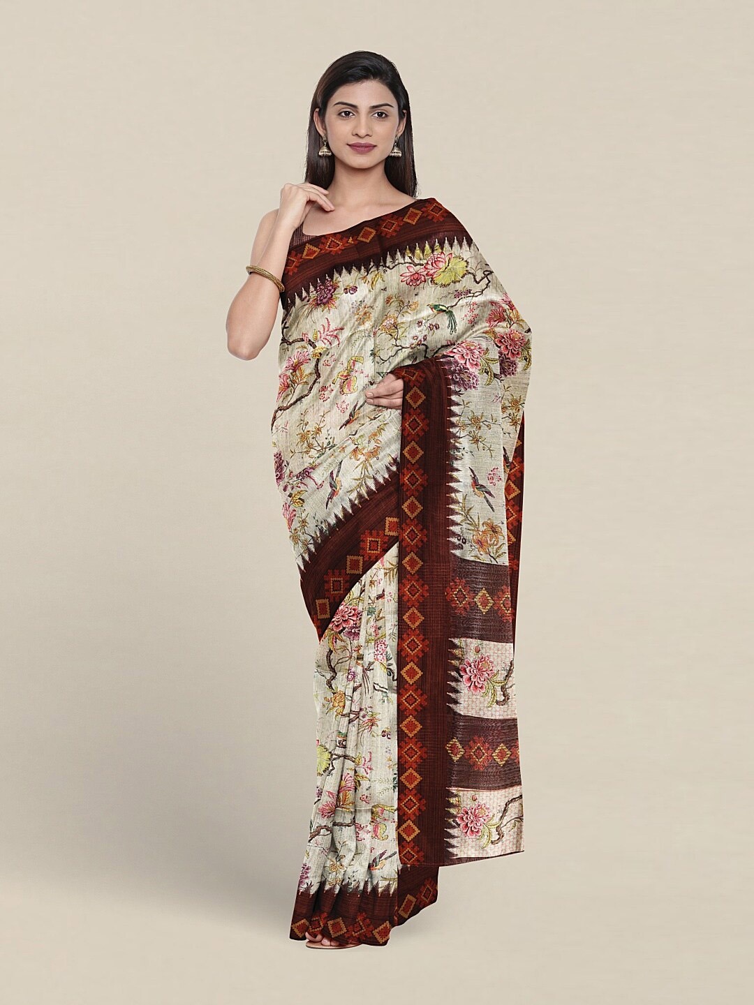 

Pothys Floral Printed Jute Silk Saree, Cream