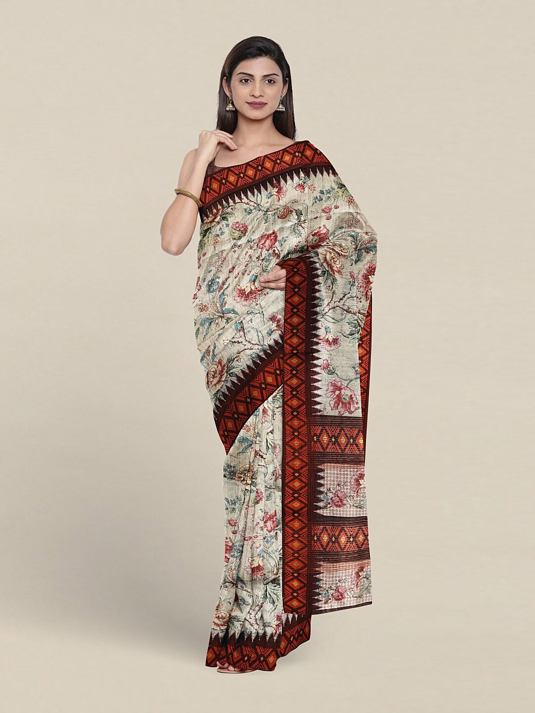 

Pothys Floral Printed Jute Silk Saree, Cream