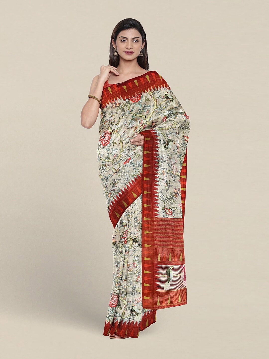 

Pothys Floral Printed Jute Silk Saree, Cream