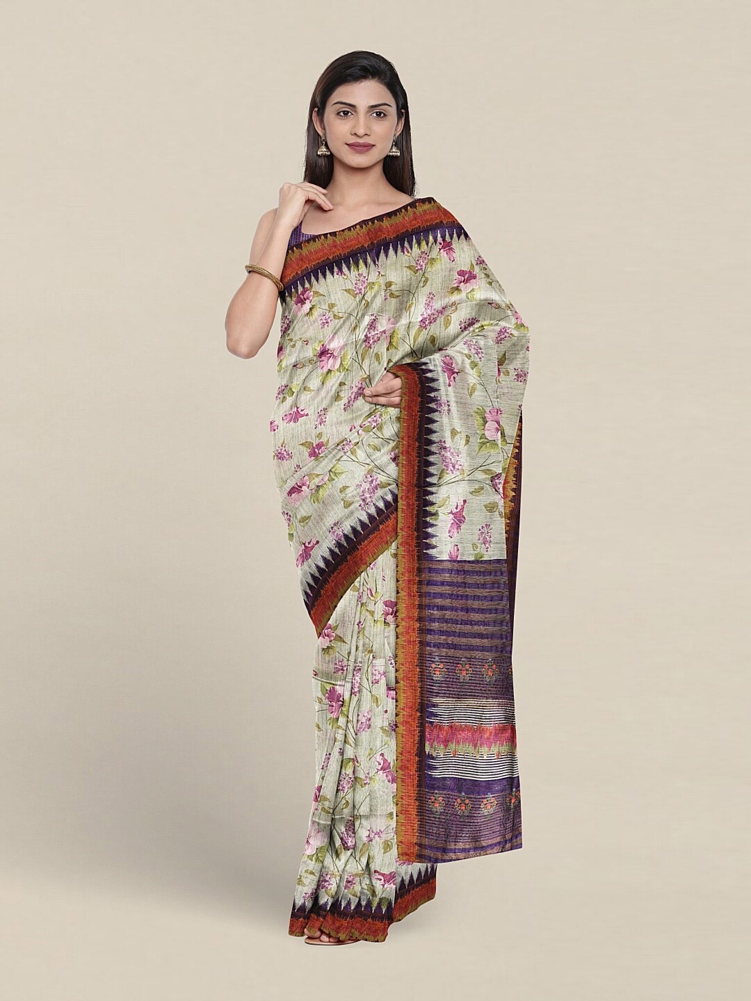 

Pothys Floral Printed Jute Silk Saree, Green