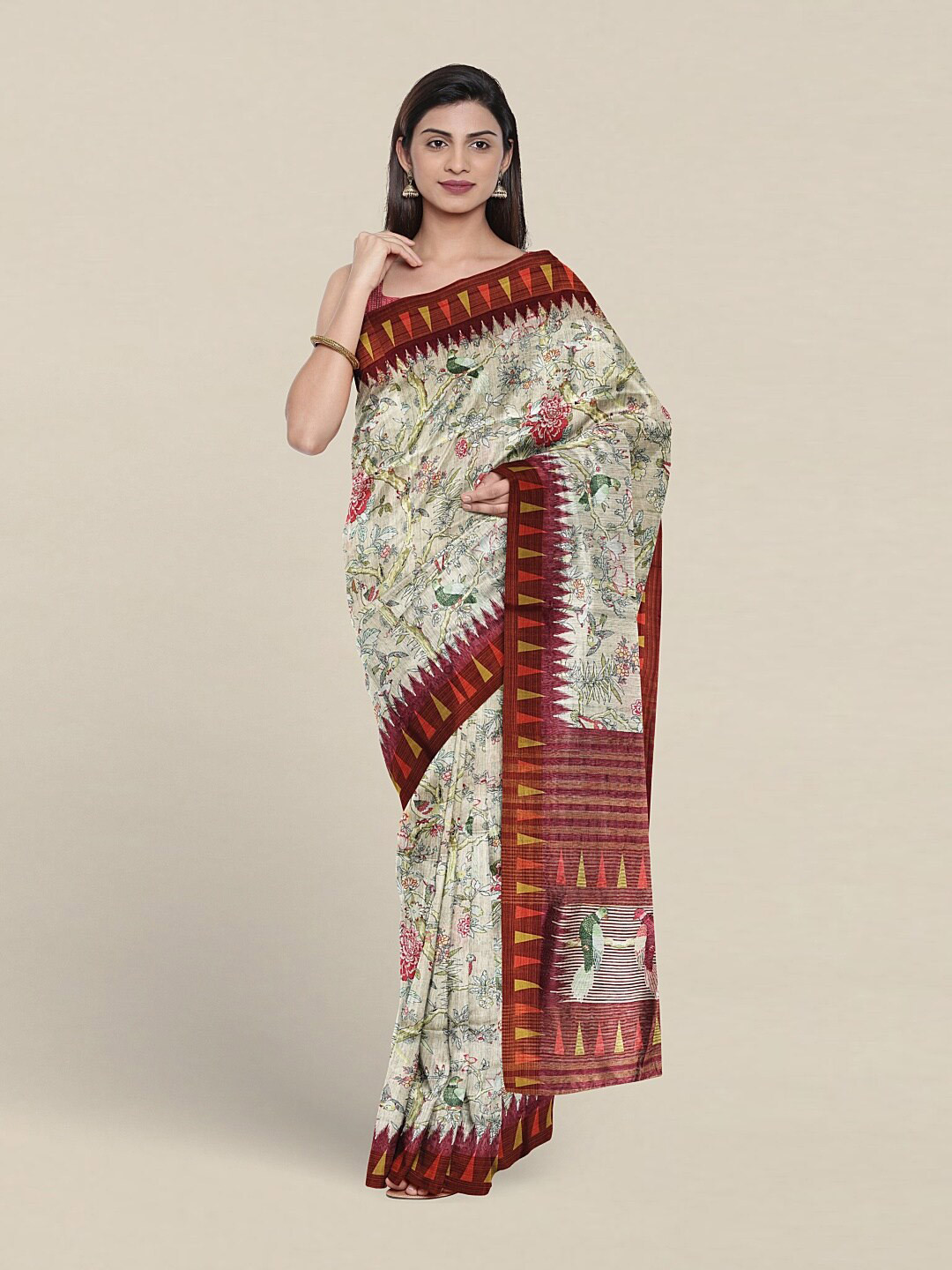 

Pothys Floral Printed Jute Silk Saree, Cream
