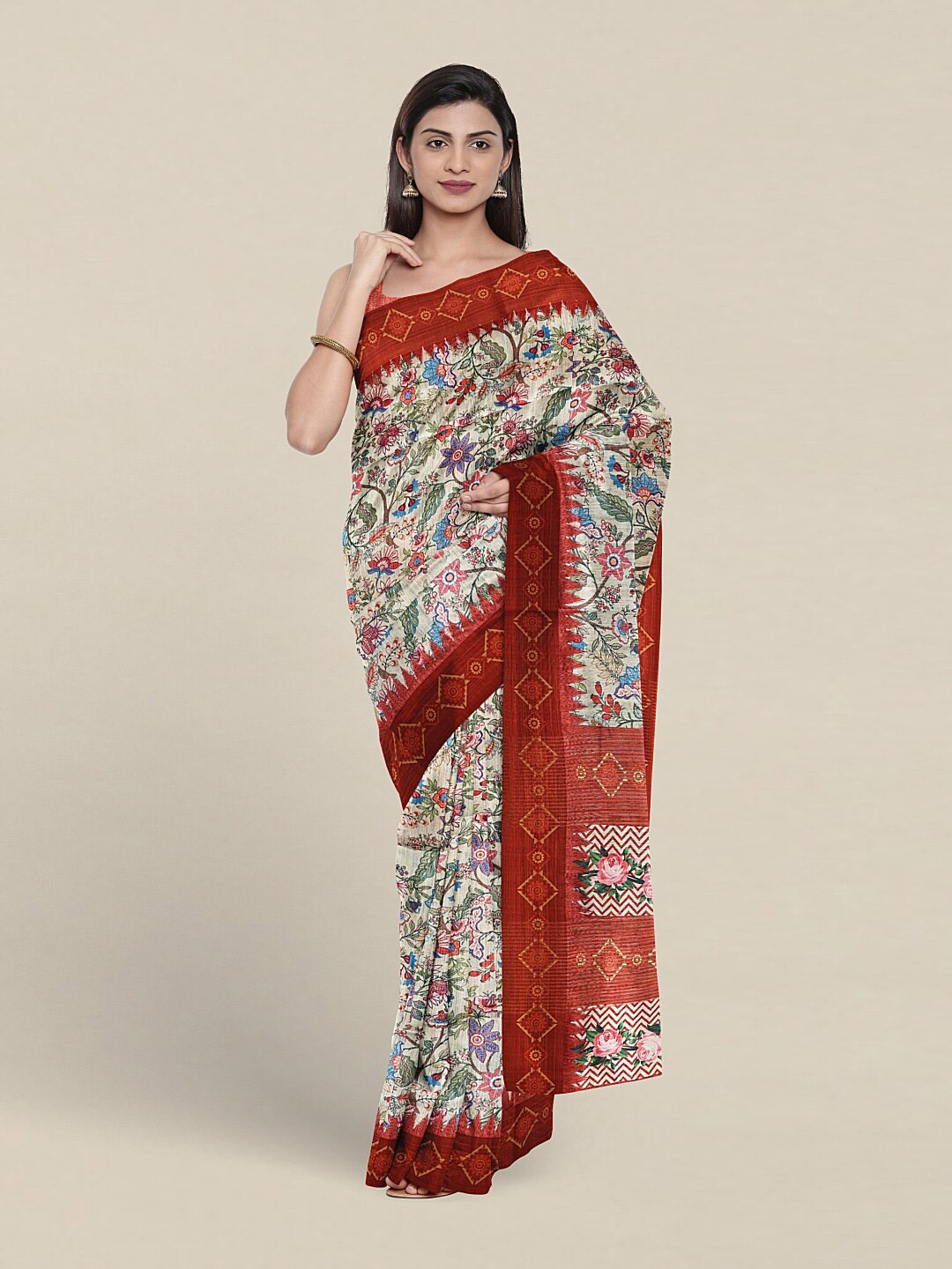 

Pothys Floral Printed Jute Silk Saree, Red