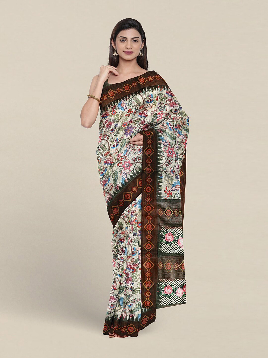 

Pothys Floral Printed Jute Silk Saree, Cream