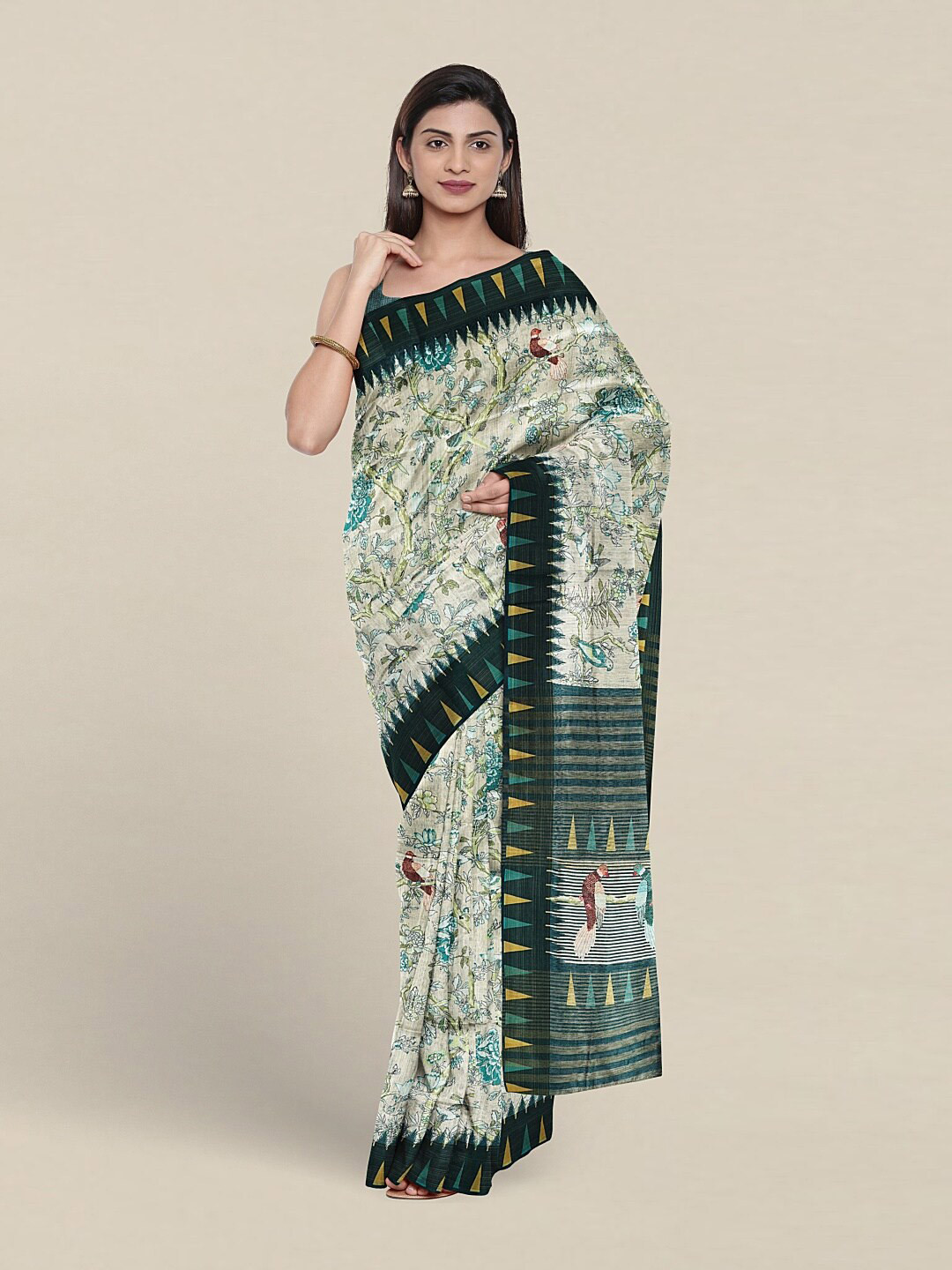 

Pothys Floral Printed Jute Silk Saree, Cream