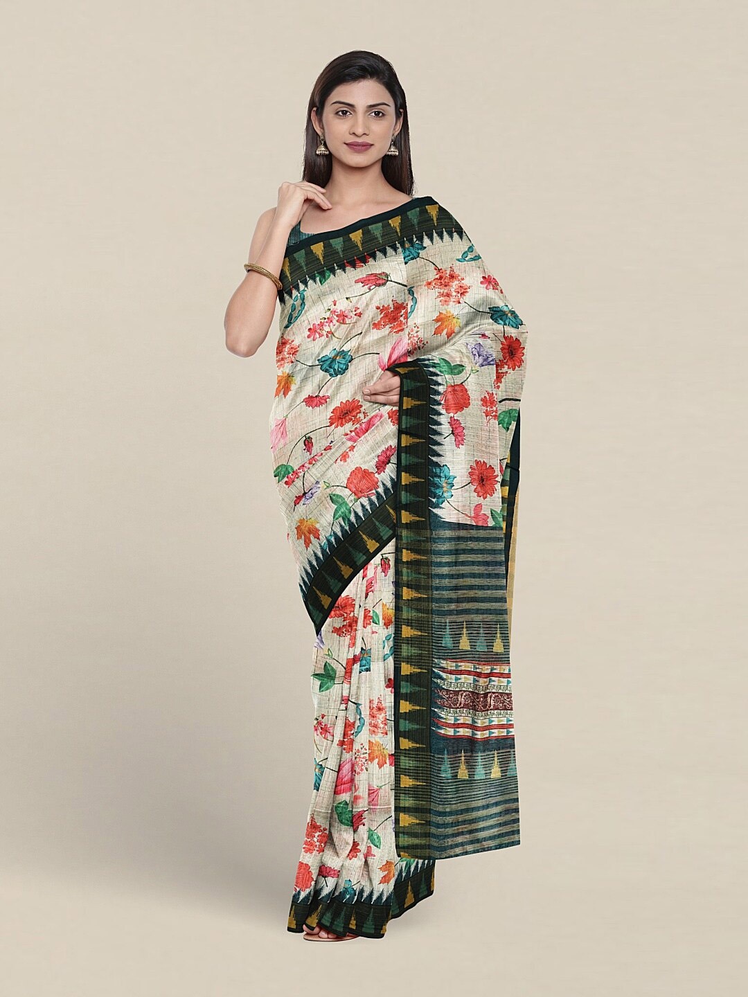 

Pothys Floral Printed Jute Silk Saree, White