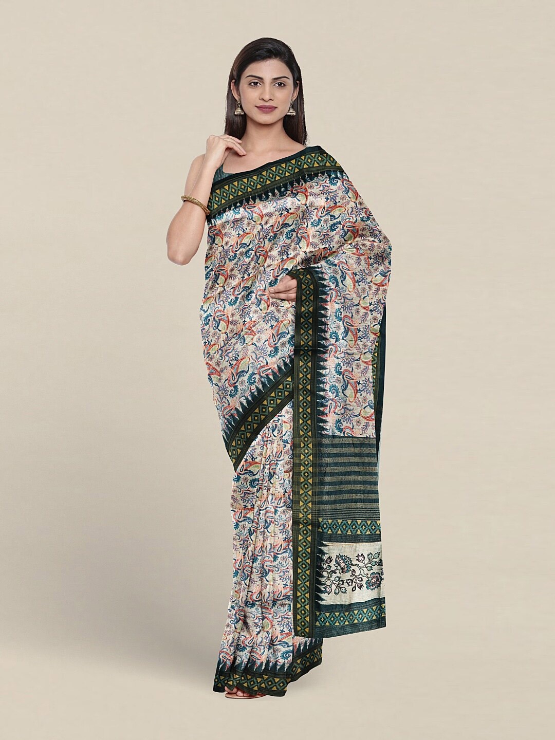 

Pothys Floral Printed Jute Silk Saree, White