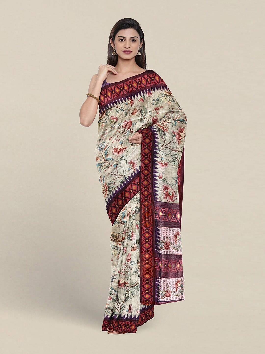 

Pothys Floral Printed Jute Silk Saree, White