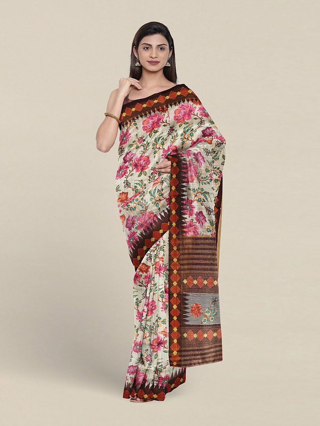 

Pothys Floral Printed Jute Silk Saree, White