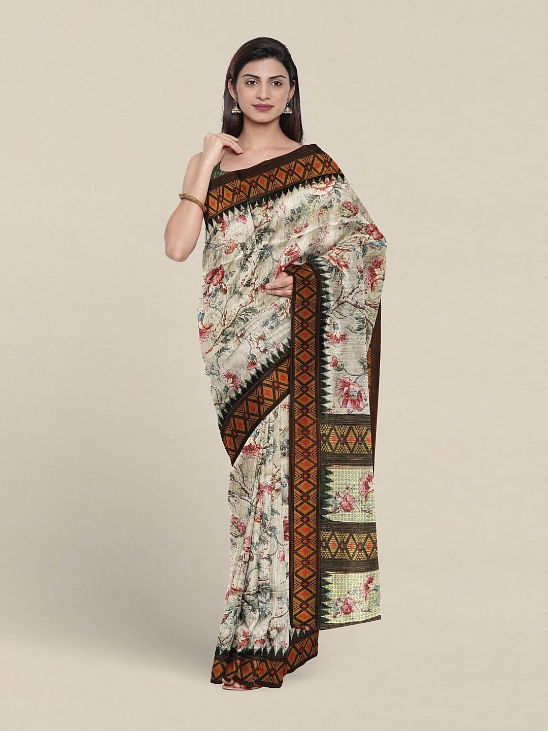 

Pothys Floral Printed Jute Silk Saree, Cream