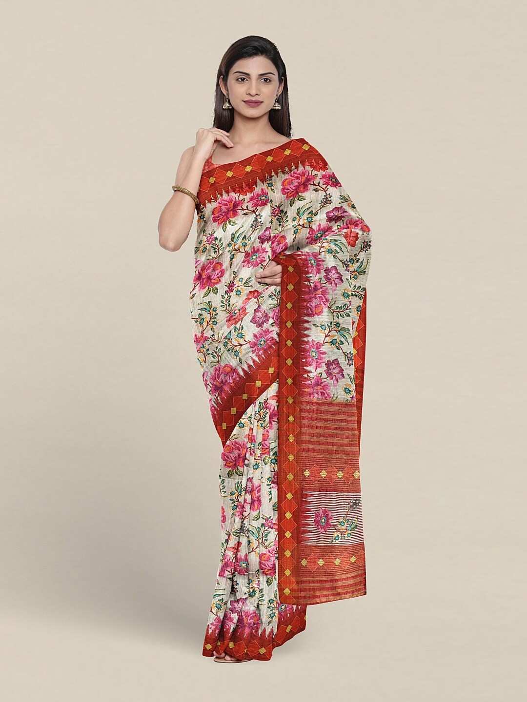 

Pothys Floral Printed Jute Silk Saree, Off white