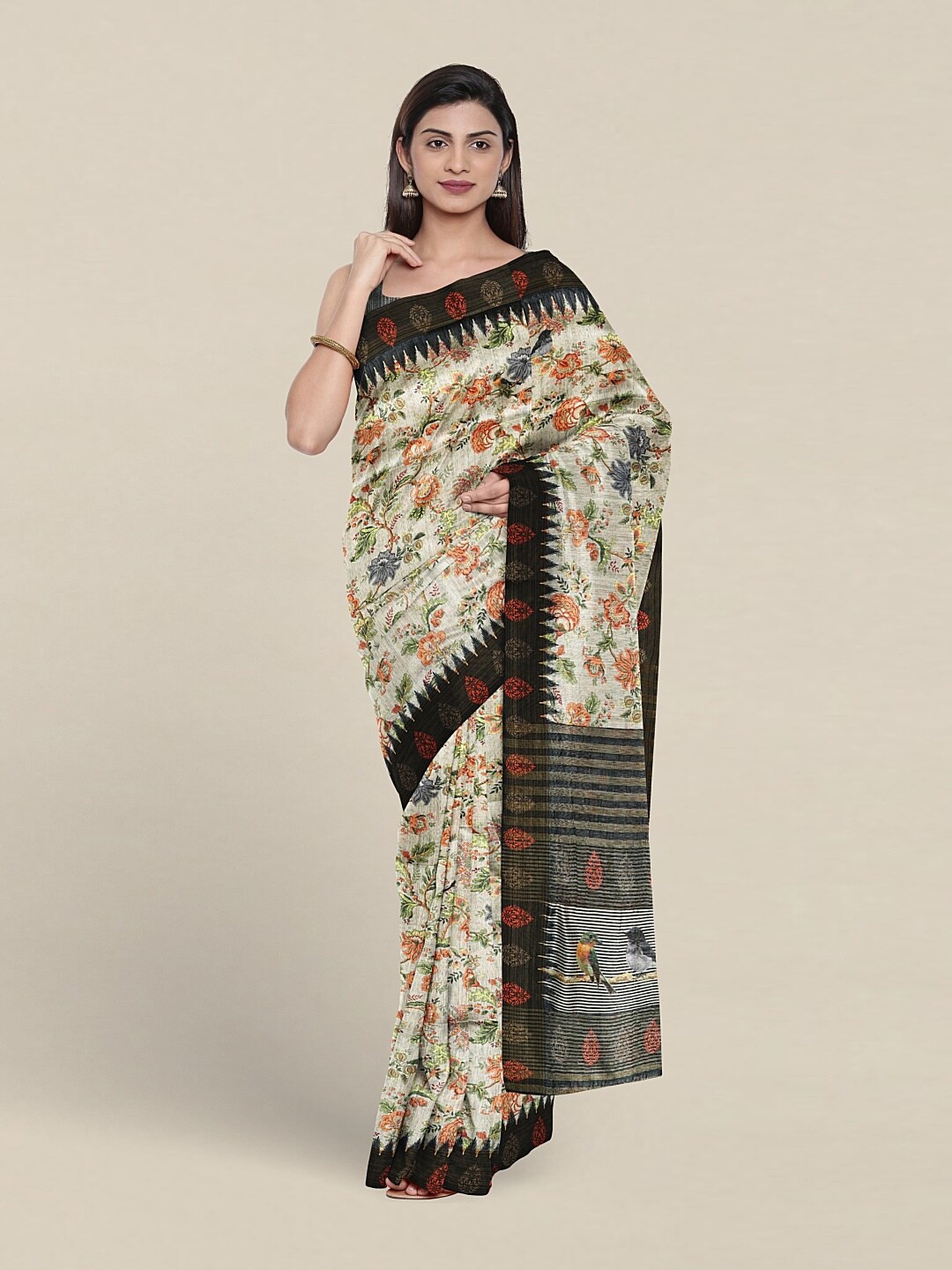 

Pothys Floral Printed Jute Silk Saree, White