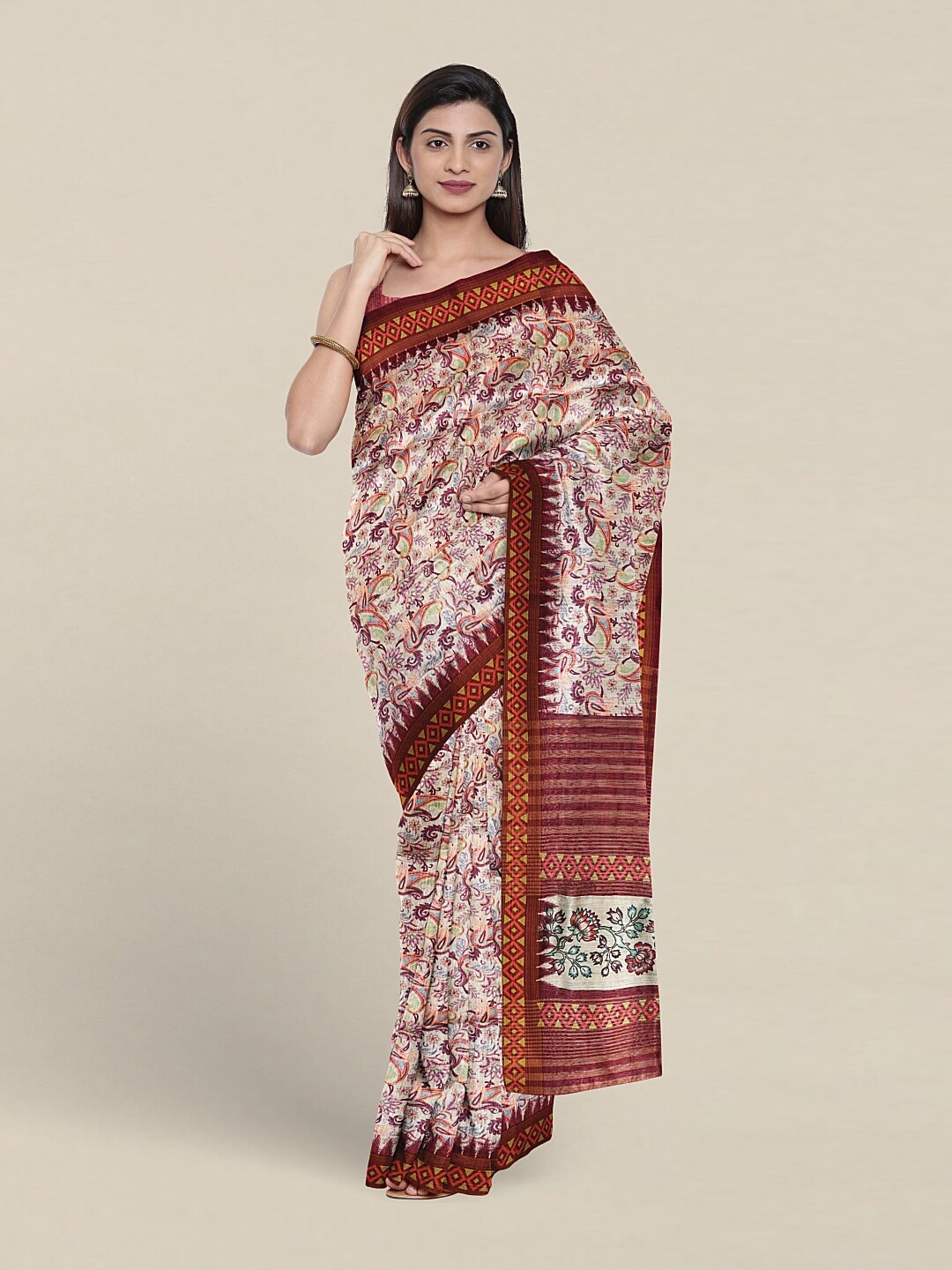 

Pothys Paisley Printed Jute Silk Saree, Cream