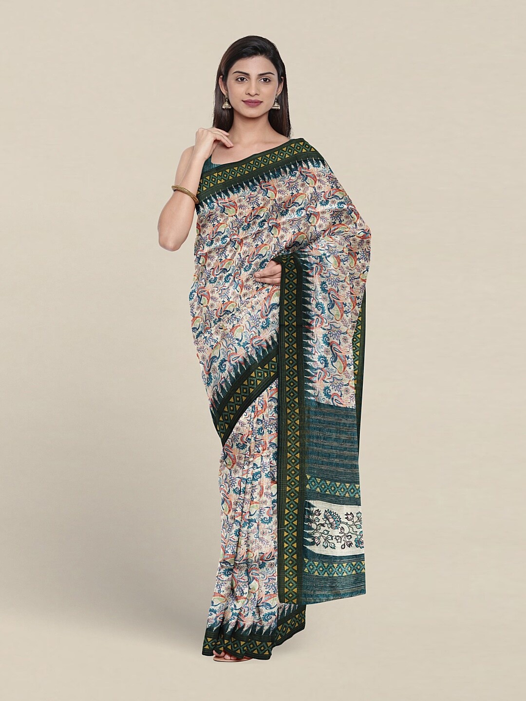 

Pothys Floral Printed Jute Silk Saree, White