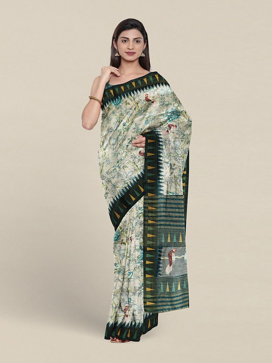 

Pothys Floral Printed Jute Silk Saree, Green