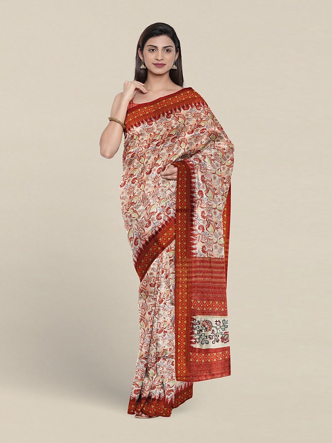 

Pothys Ethnic Motifs Printed Jute Silk Saree, Off white