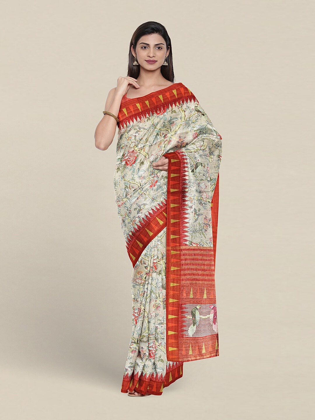 

Pothys Floral Printed Jute Silk Saree, Off white