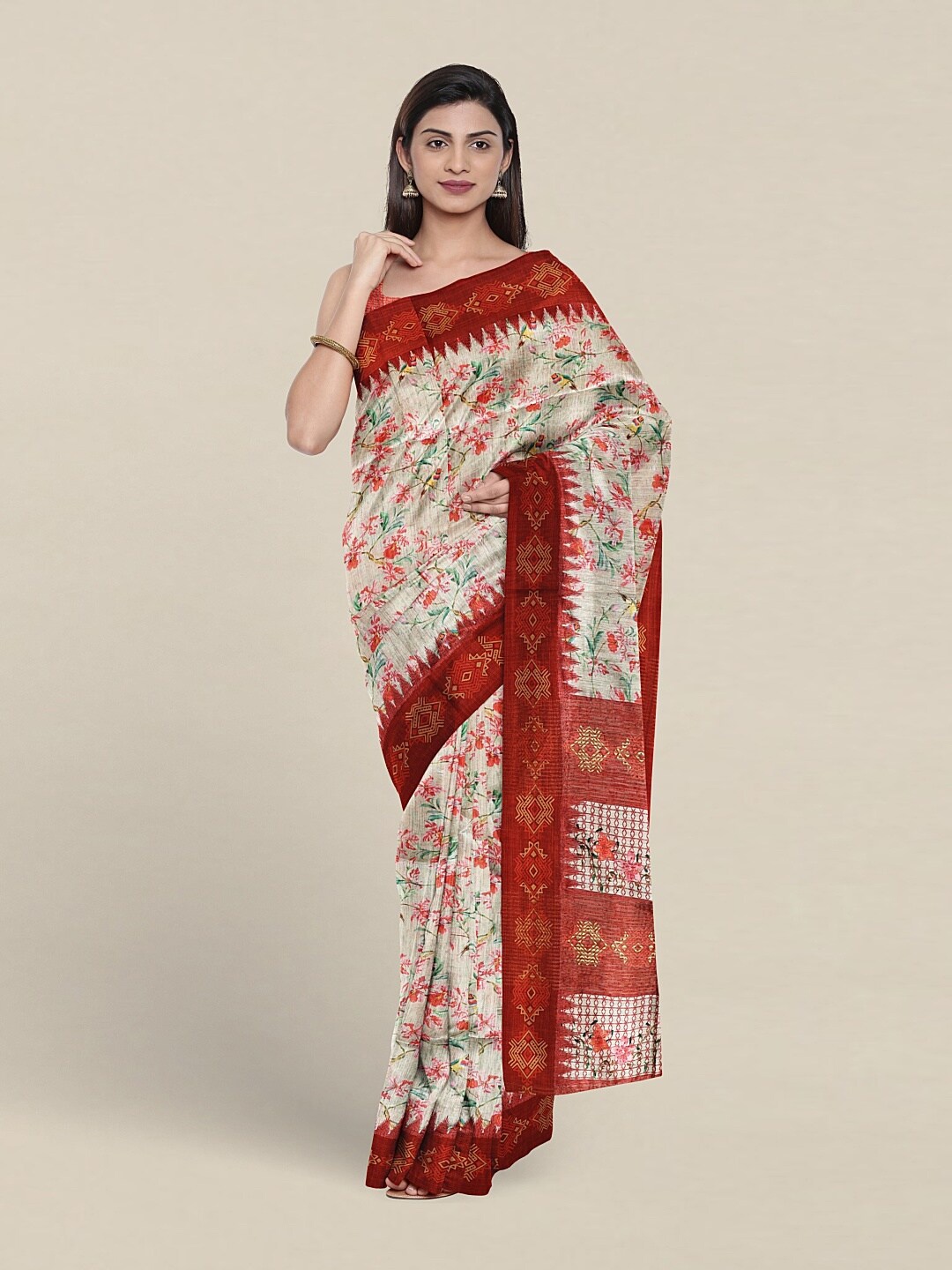 

Pothys Floral Printed Jute Silk Saree, White