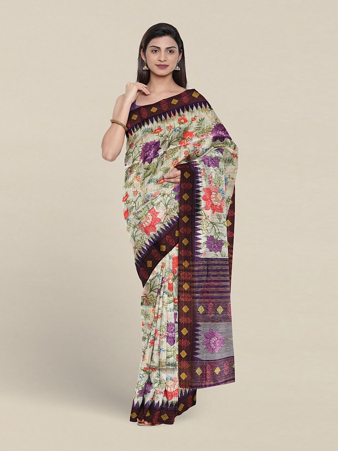 

Pothys Floral Printed Jute Silk Saree, White
