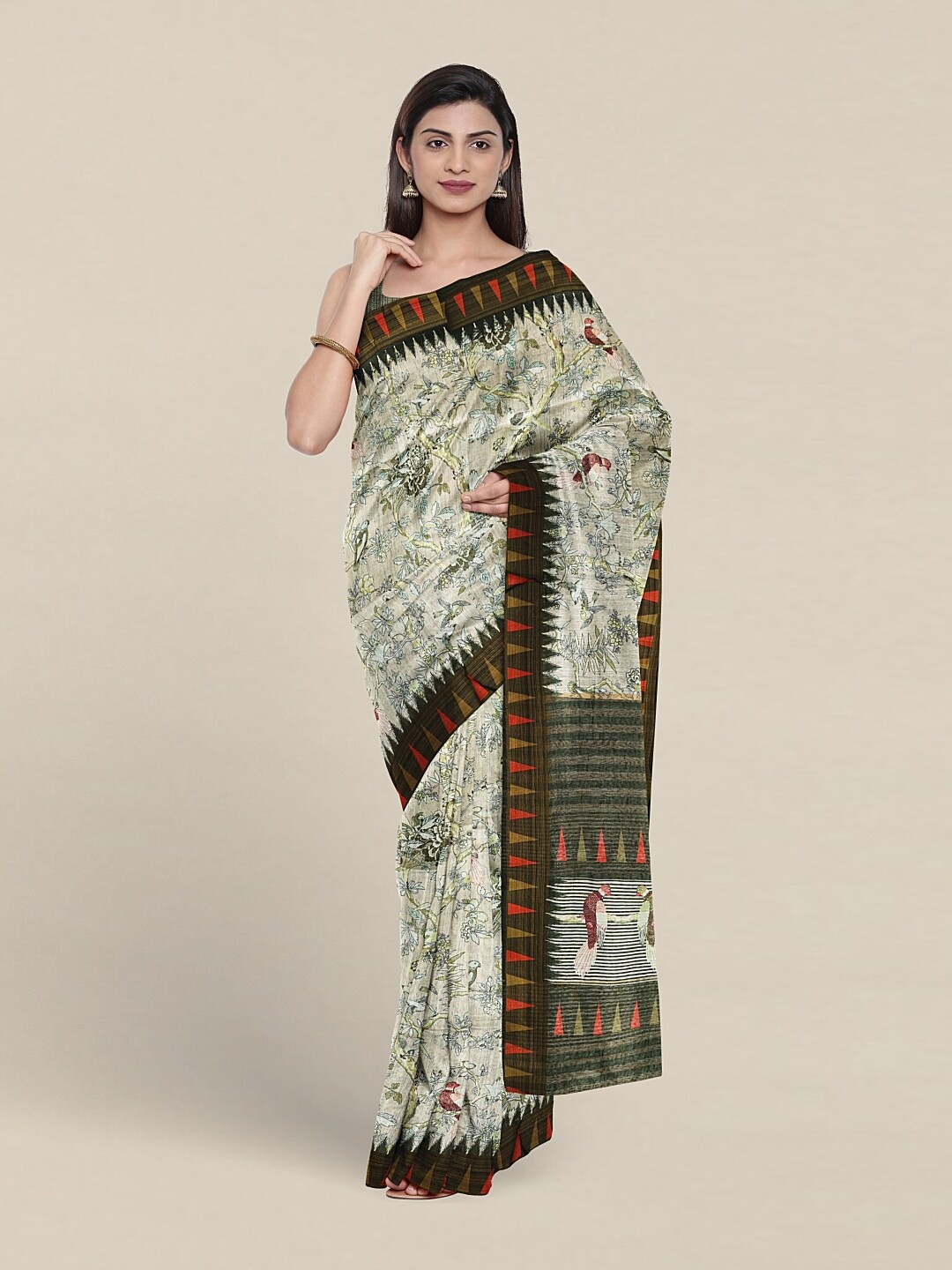

Pothys Floral Printed Zari Jute Silk Saree, White