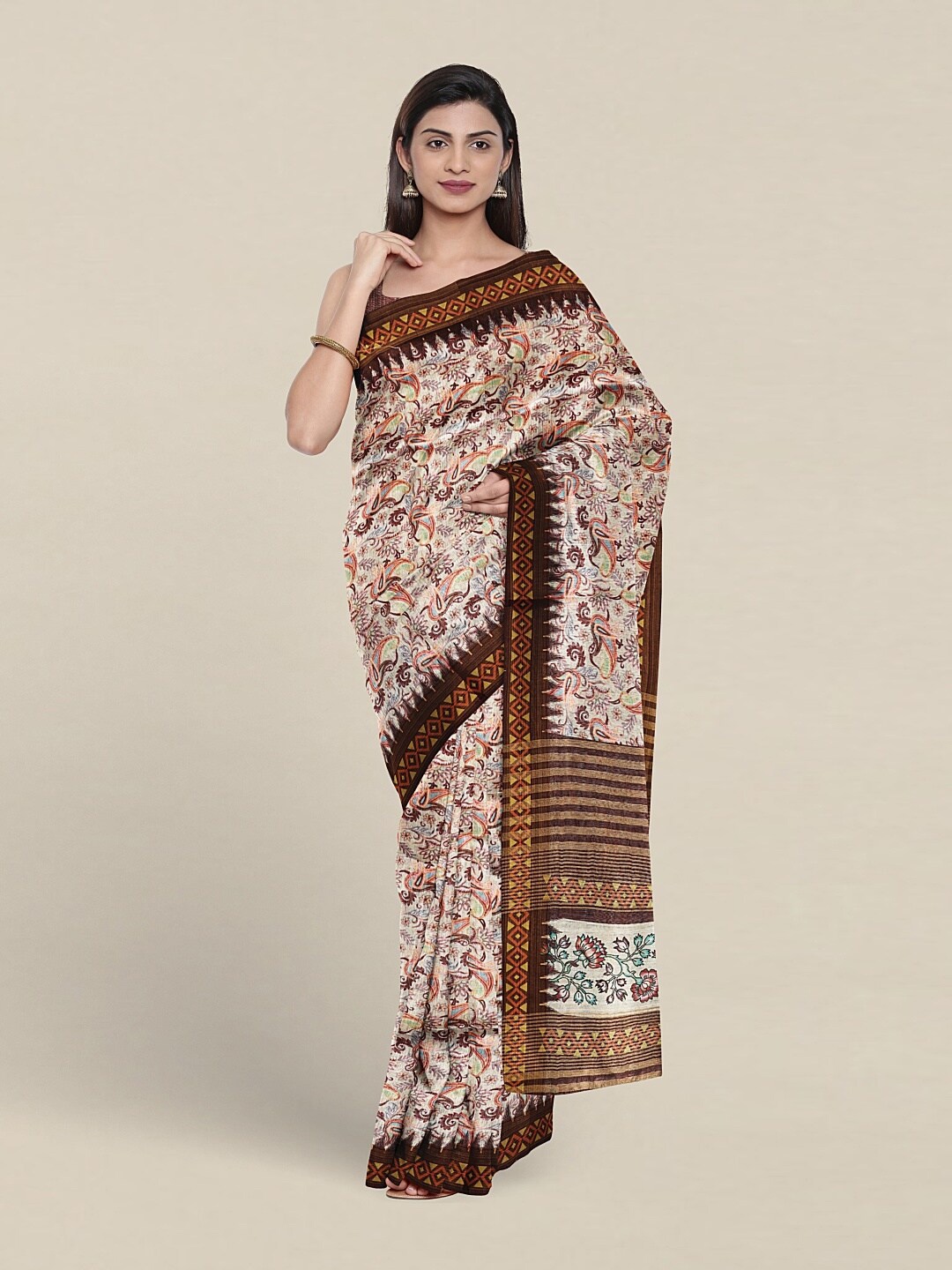 

Pothys Paisley Printed Jute Silk Saree, Off white