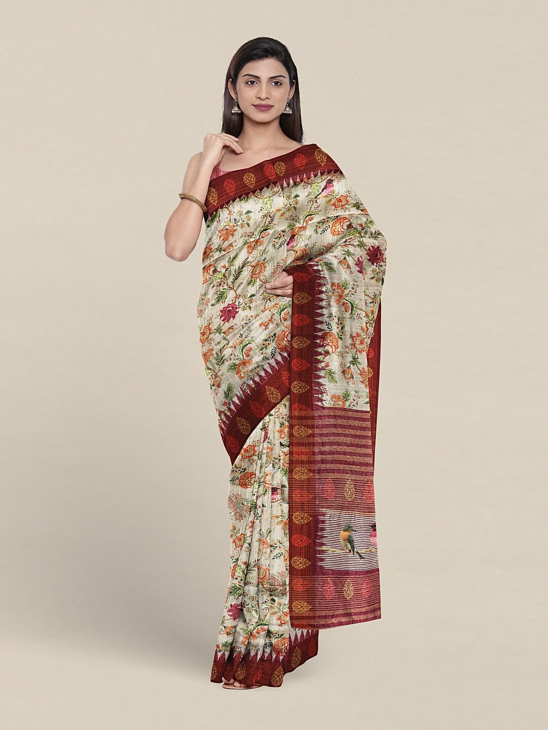 

Pothys Floral Printed Jute Silk Saree, Green