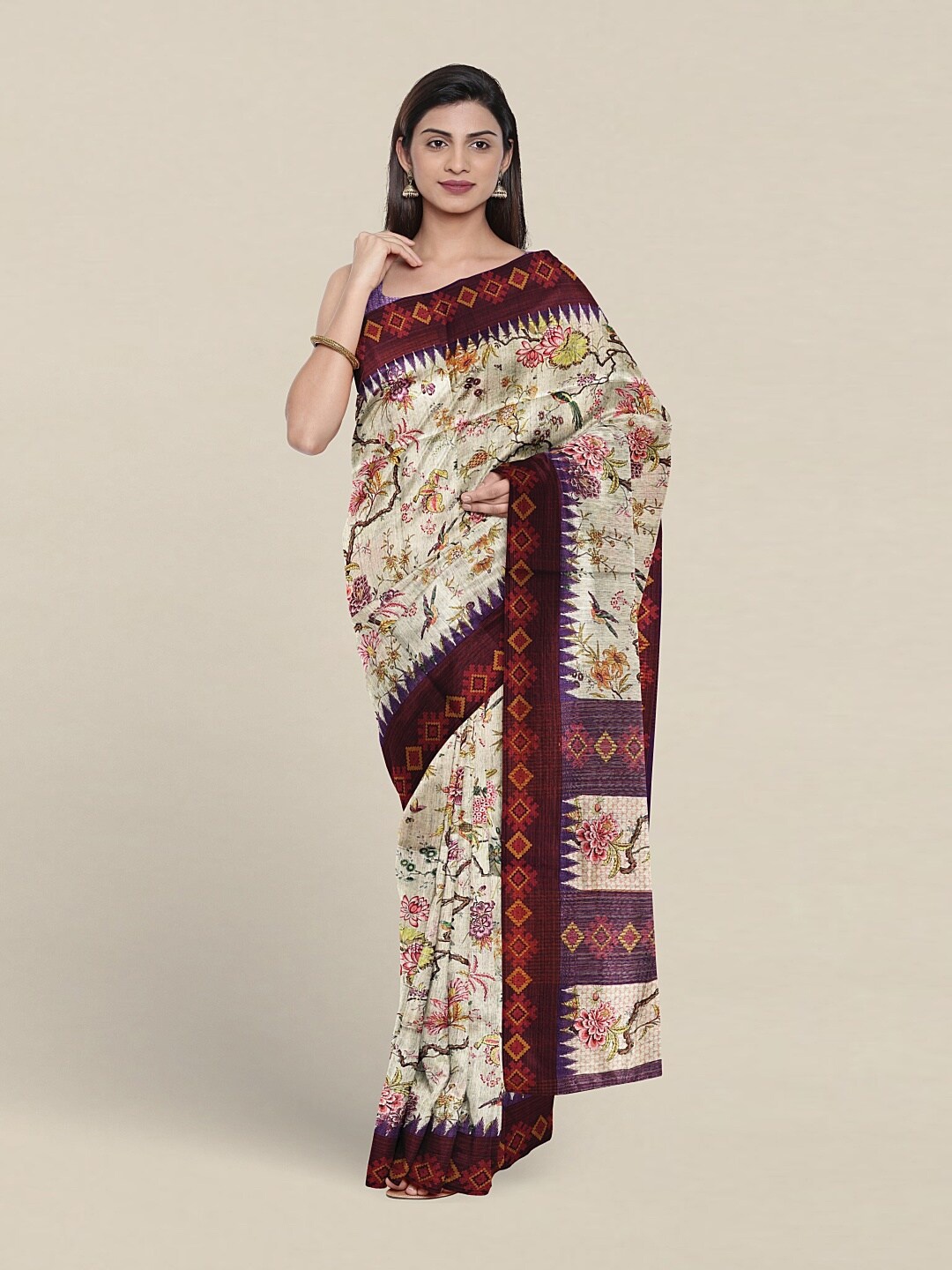 

Pothys Floral Printed Jute Silk Saree, White