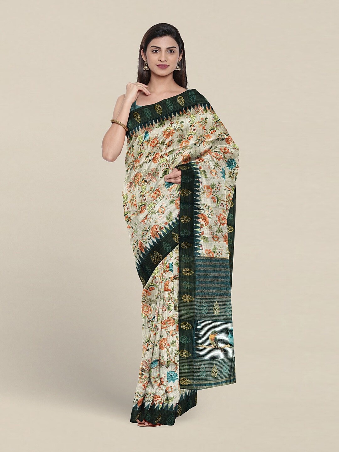 

Pothys Floral Printed Jute Silk Saree, Cream