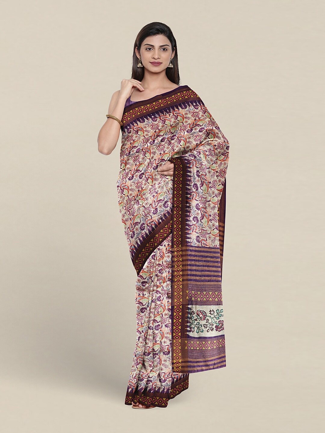 

Pothys Paisley Printed Jute Silk Saree With Blouse Piece, Cream