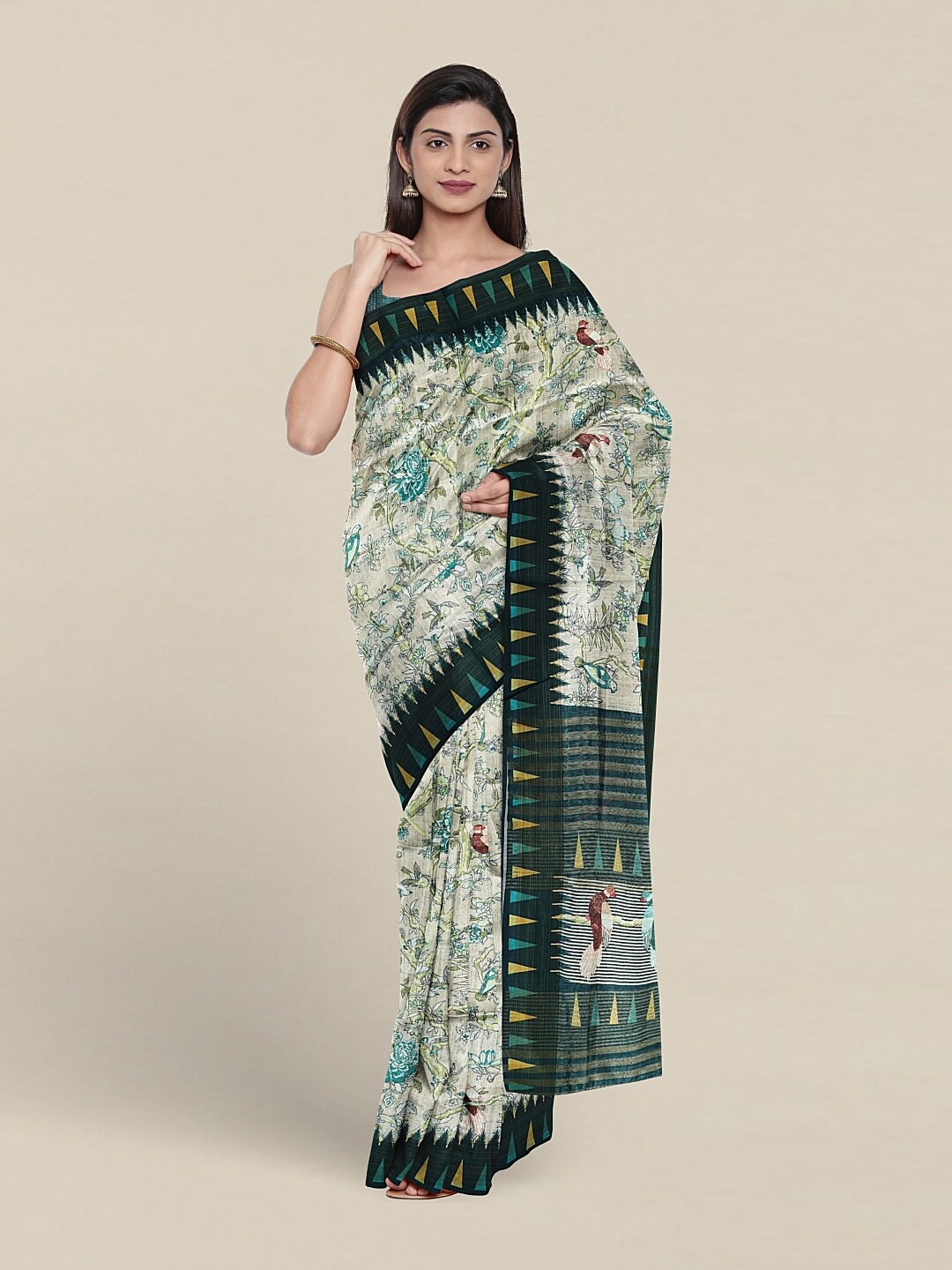 

Pothys Floral Printed Jute Silk Saree, Cream