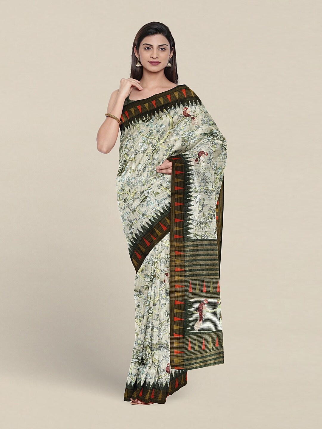 

Pothys Floral Printed Jute Silk Saree, Cream