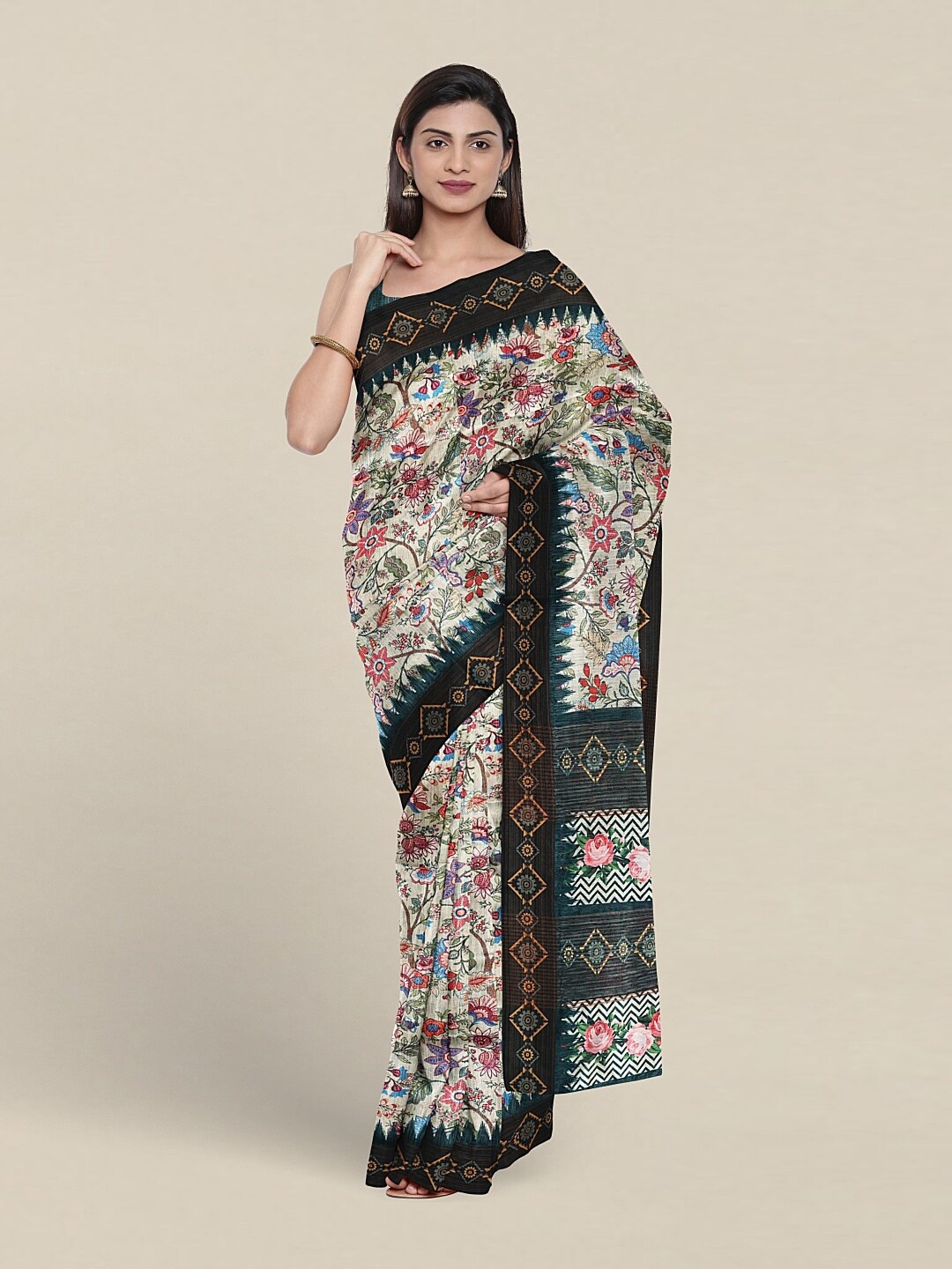 

Pothys Floral Jute Silk Saree, Cream