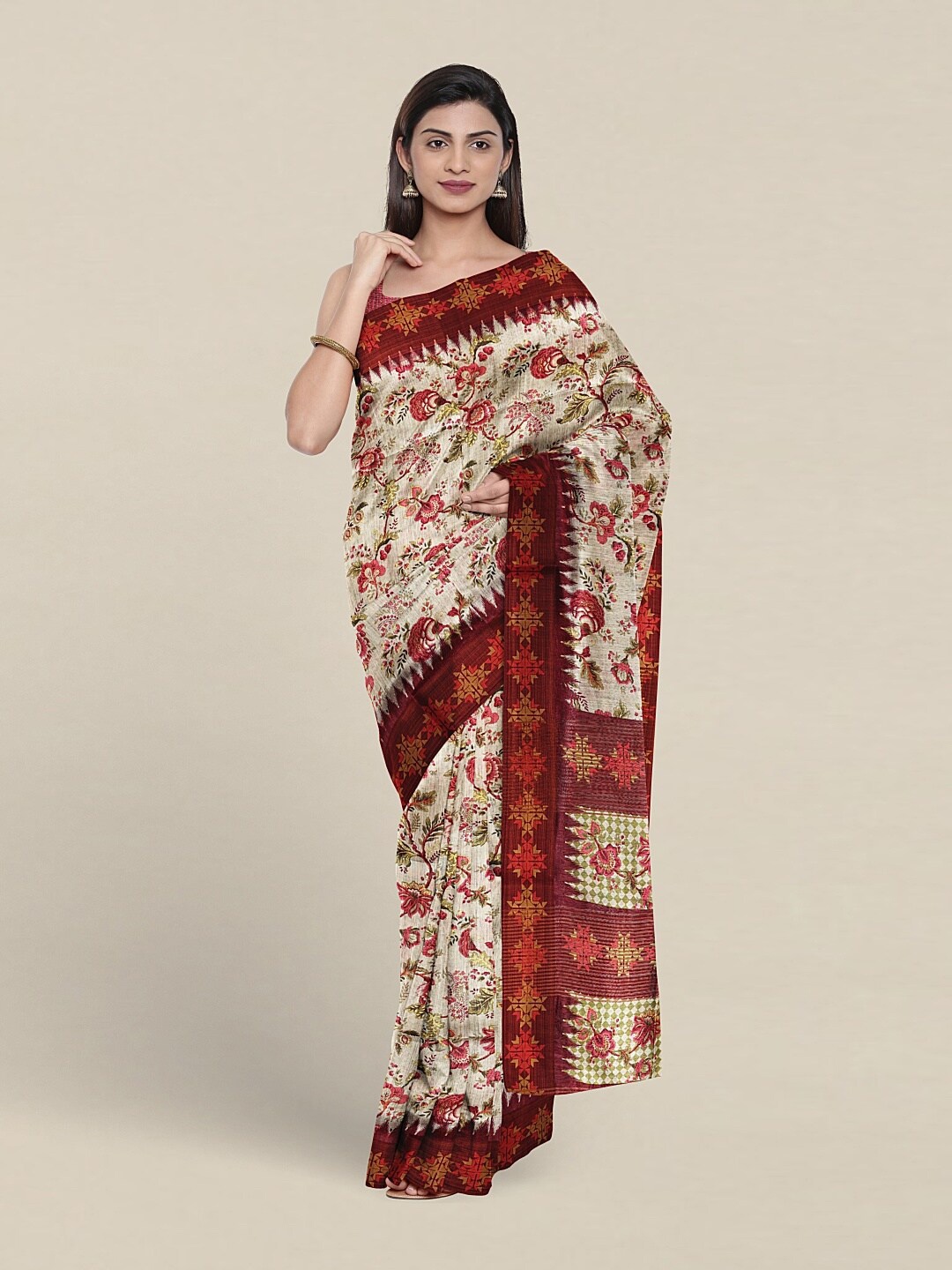 

Pothys Floral Printed Jute Silk Saree, Off white