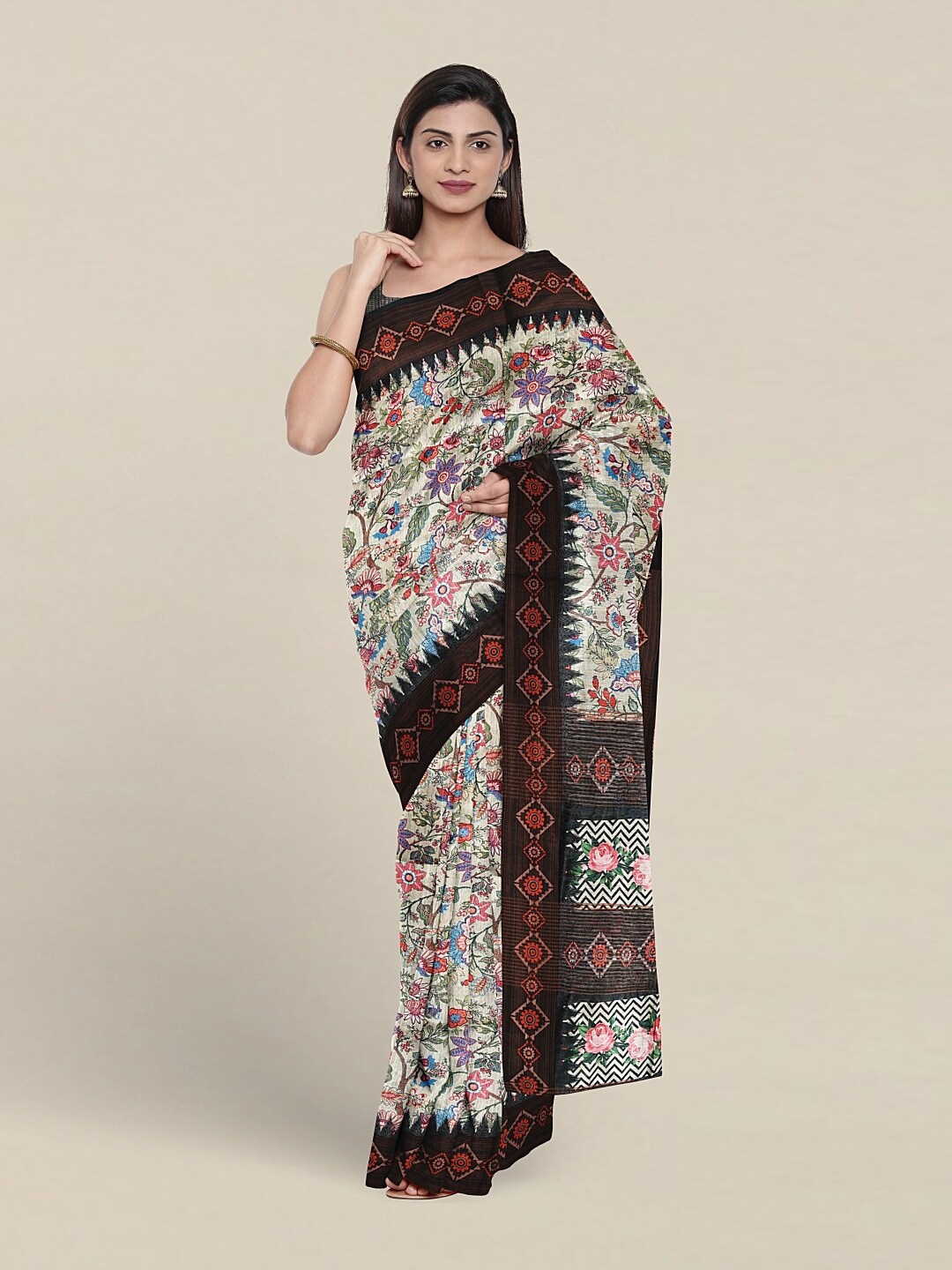 

Pothys Floral Printed Jute Silk Saree, Coffee brown