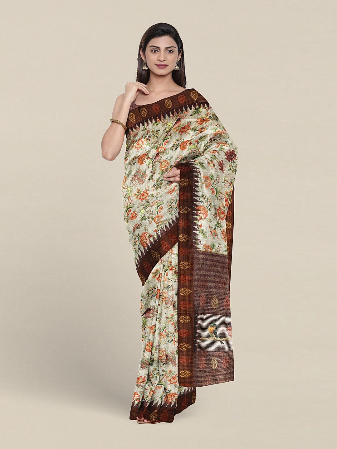 

Pothys Floral Printed Jute Silk Saree, White