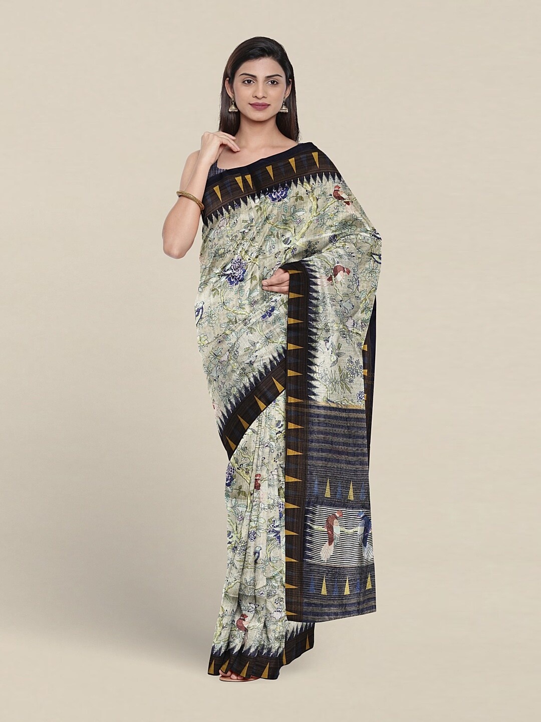 

Pothys Floral Printed Jute Silk Saree, Cream