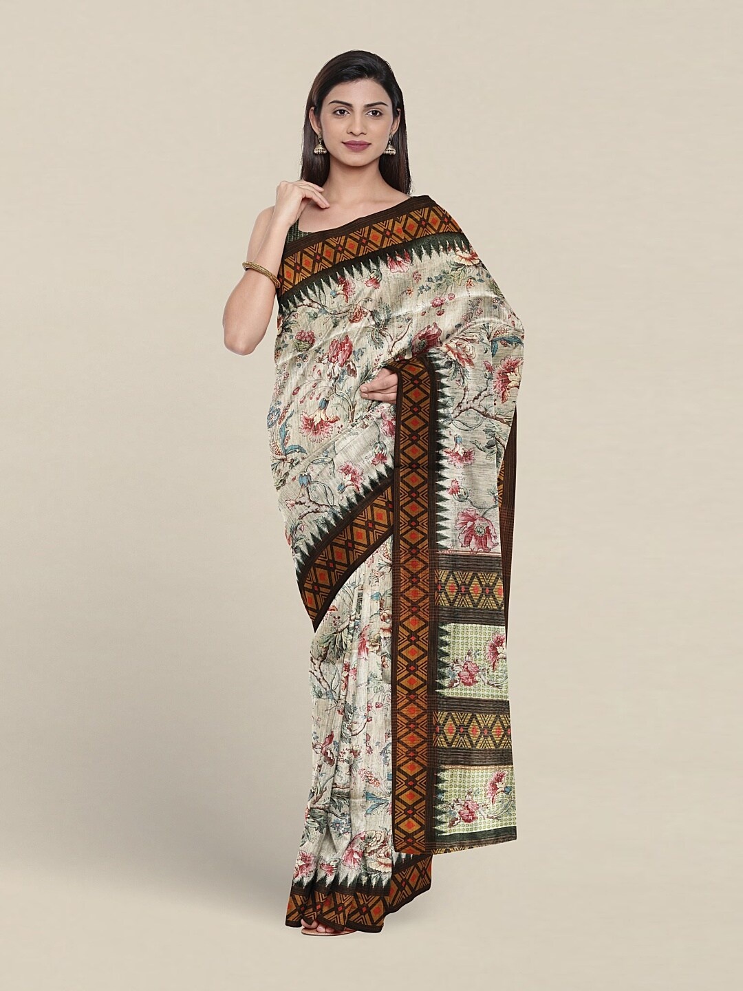 

Pothys Floral Printed Jute Silk Saree, White