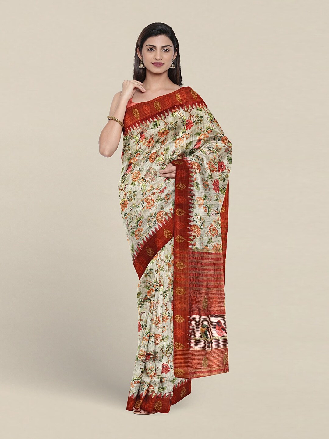 

Pothys Floral Printed Jute Silk Saree, Cream