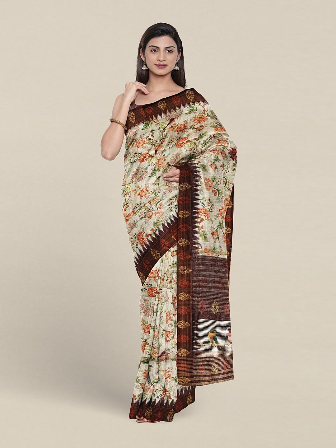 

Pothys Floral Printed Zari Jute Silk Saree, Cream