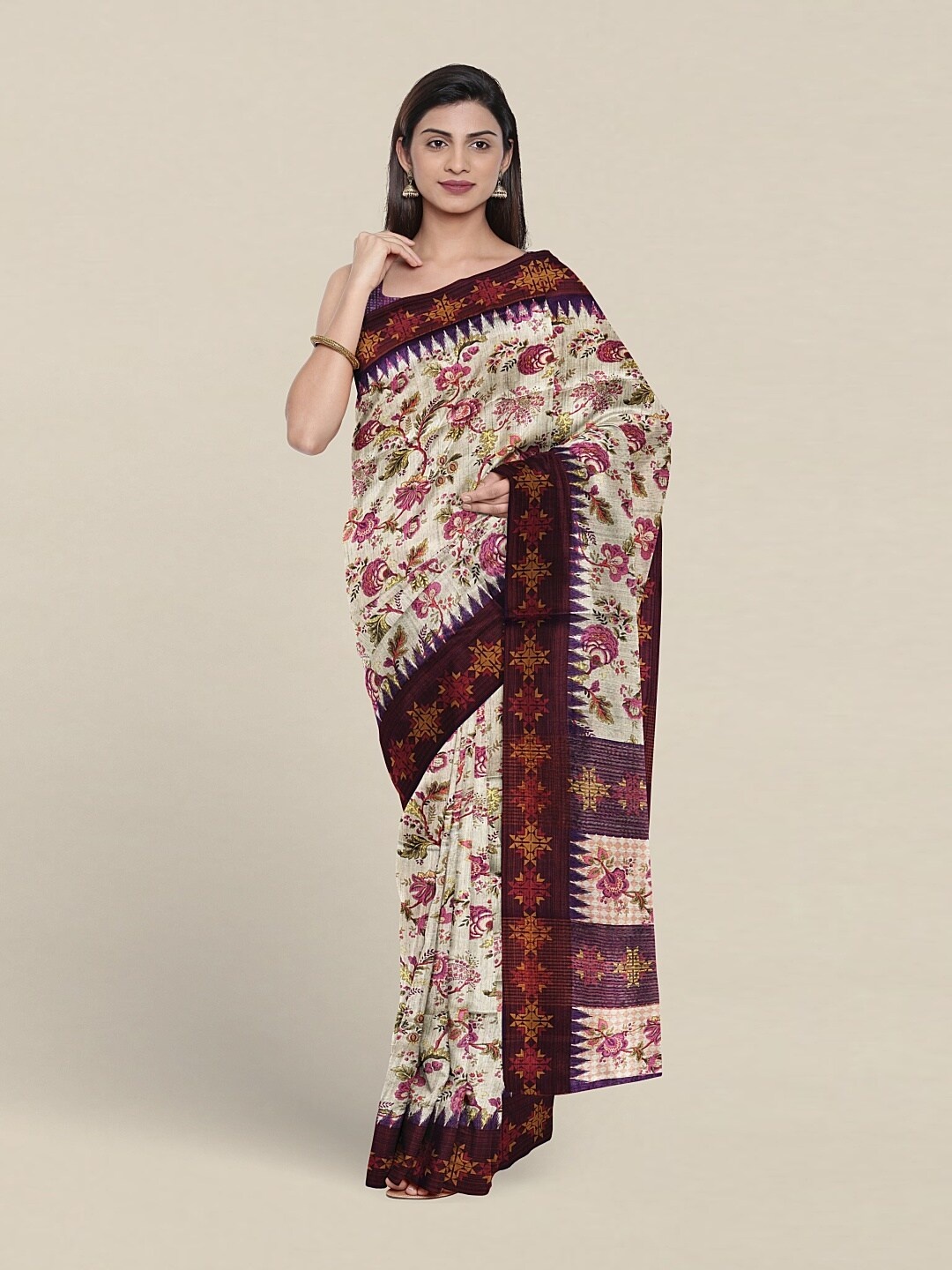 

Pothys Floral Printed Jute Silk Saree, Cream