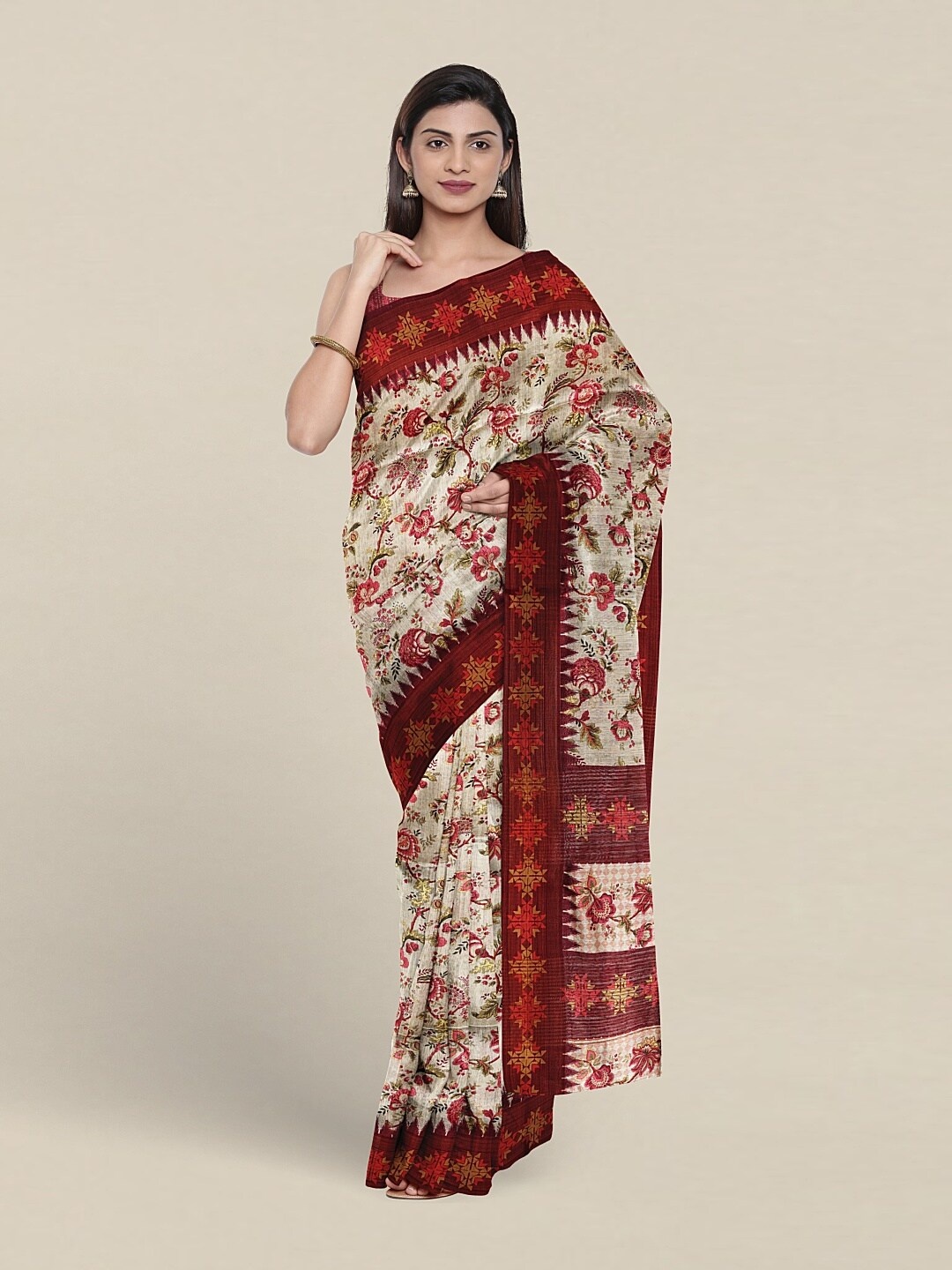 

Pothys Floral Printed Jute Silk Saree, White