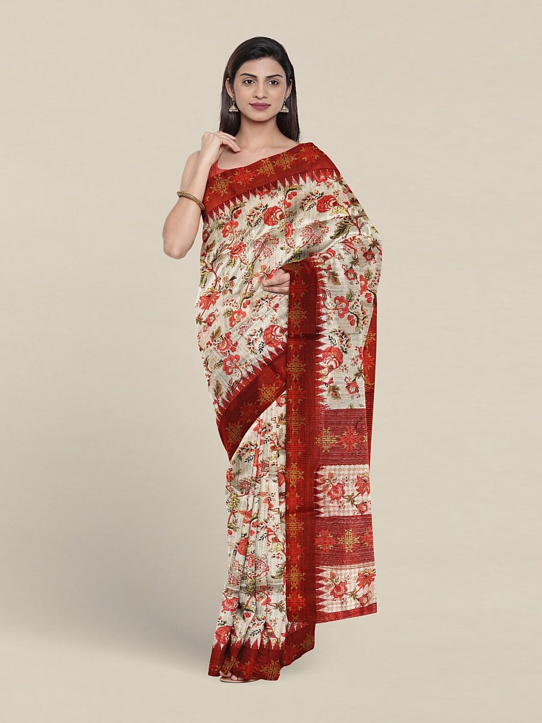 

Pothys Floral Printed Jute Silk Saree, Cream