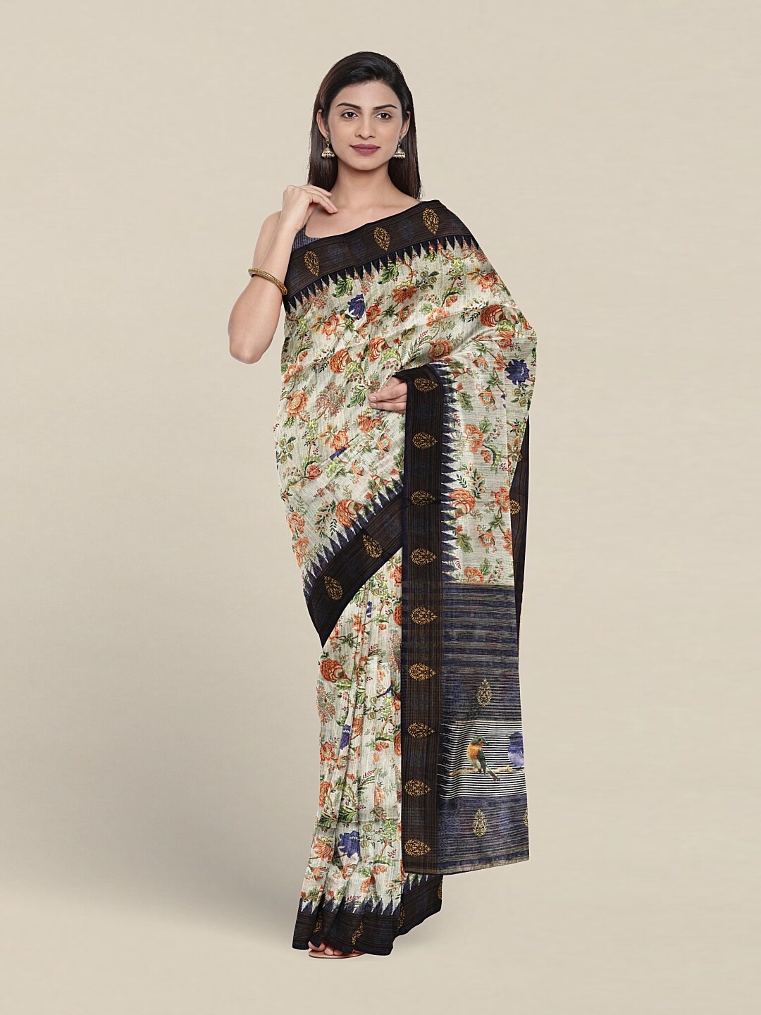 

Pothys Floral Printed Jute Silk Saree, Cream