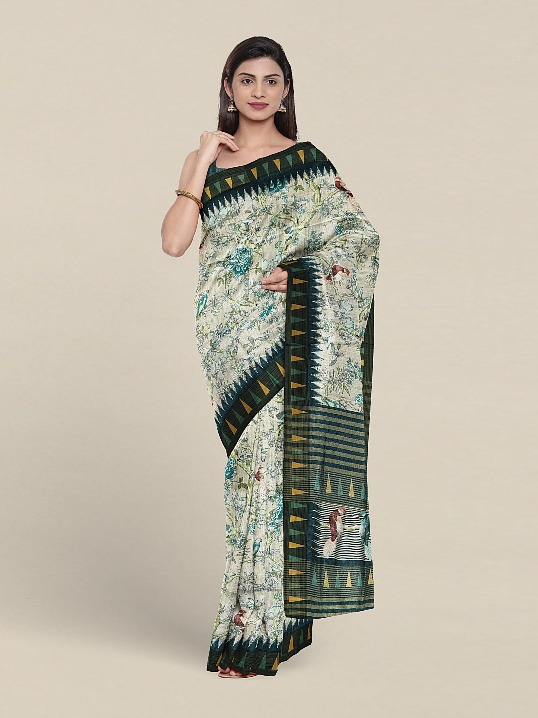 

Pothys Floral Printed Jute Silk Saree, Green