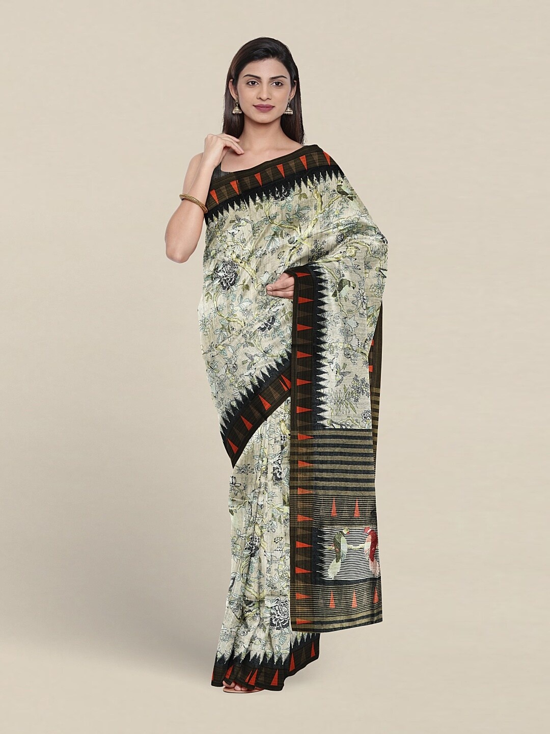 

Pothys Ethnic Motifs Printed Jute Silk Saree, Cream