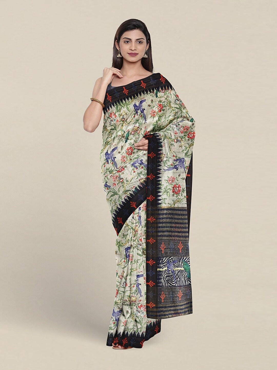 

Pothys Floral Printed Jute Silk Saree, Off white