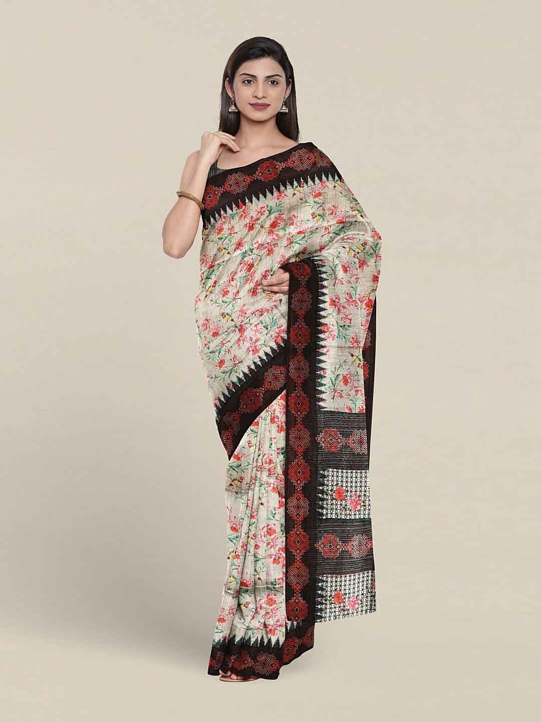 

Pothys Floral Printed Jute Silk Saree, White