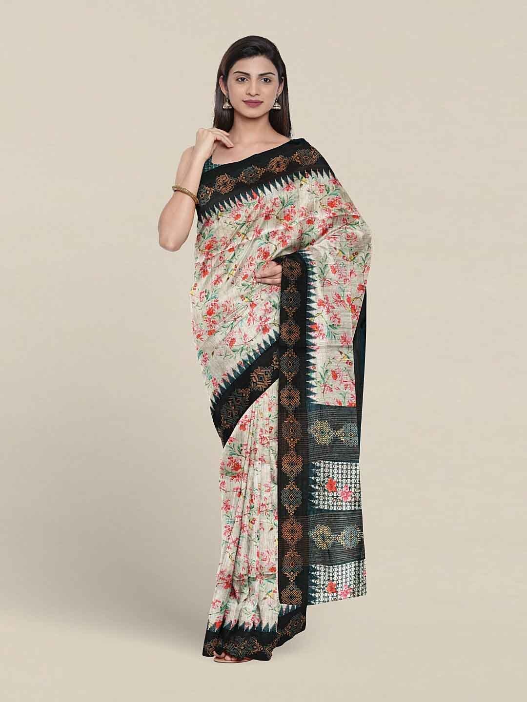 

Pothys Floral Printed Jute Silk Saree, Cream